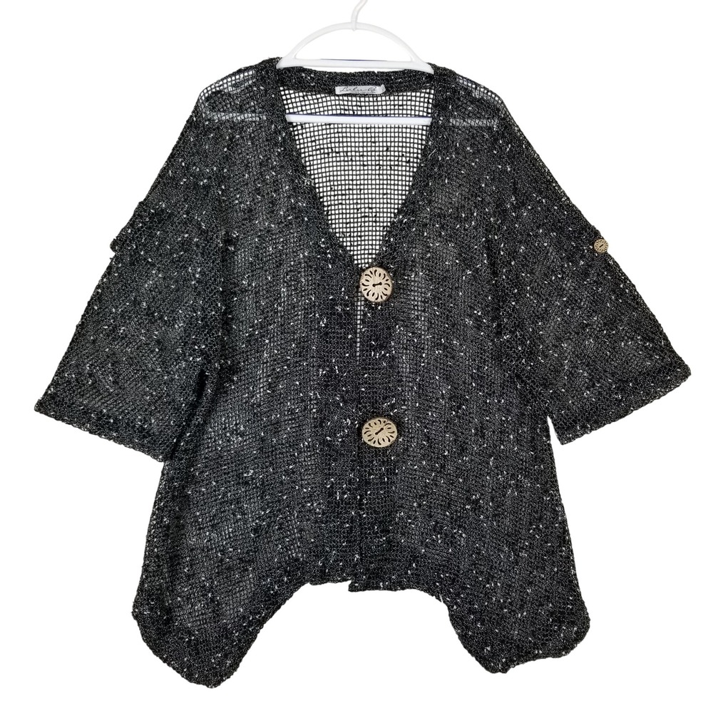 Lulu-B Cardigan Women 1X Black White Mesh Knit Oversized Button Short Sleeve